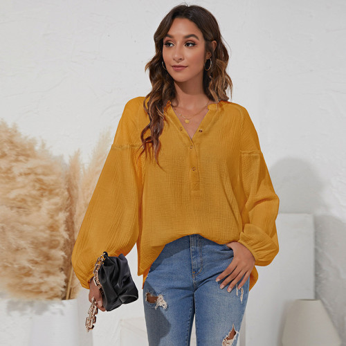 Yellow V-neck women's casual solid color lantern long-sleeved T-shirt