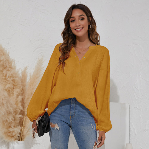 Yellow V-neck women's casual solid color lantern long-sleeved T-shirt