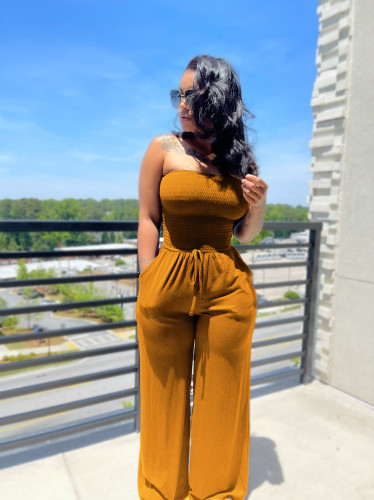 Yellow   Solid color brushed tube top wide-leg jumpsuit