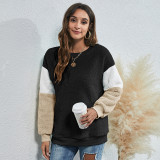 Black Women's round neck three-color stitching thick casual sweater