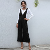 V-neck European and American women's solid color high waist suspender jumpsuit