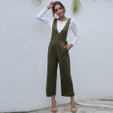 Army green V-neck European and American women's solid color high waist suspender jumpsuit