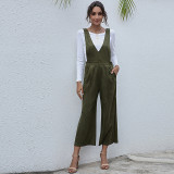 Army green V-neck European and American women's solid color high waist suspender jumpsuit