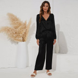 Black Two-piece V-neck tie casual loose home suit