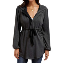 Dark gray Solid color casual zipper waisted lantern sleeve loose hooded cardigan jacket