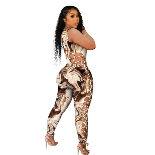 Tethered low-cut sexy tight-fitting printed sleeveless jumpsuit