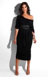 Black Fashionable Pure Color Loose Round Neck Variety Dress
