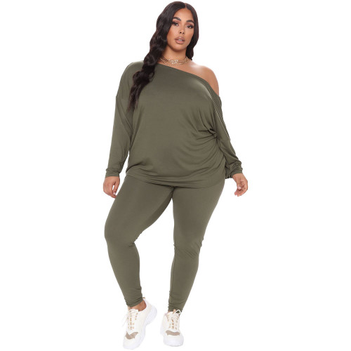 Army green Positive and negative off-the-shoulder loose-fitting deep V plus size women's clothing