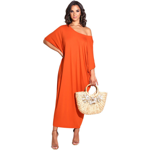 Orange Fashionable Pure Color Loose Round Neck Variety Dress