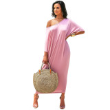 Pink Fashionable Pure Color Loose Round Neck Variety Dress