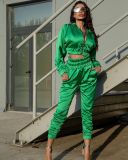 Green Pure color zipper fashion casual sports two-piece suit
