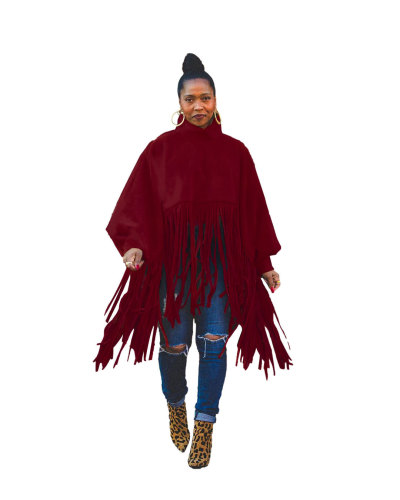 Claret Fashion solid color long-sleeved fringed top