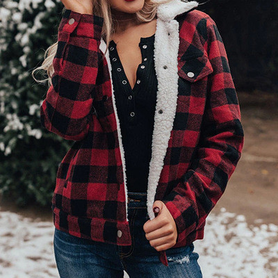 Red Autumn and winter cashmere contrast color plaid thick cotton jacket women's jacket