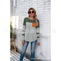 Striped stitching contrast color long-sleeved slim slimming T-shirt women