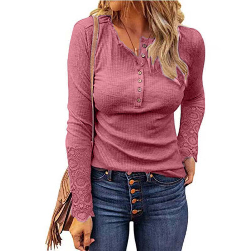 Round neck stitching lace sleeve loose solid color long-sleeved T-shirt