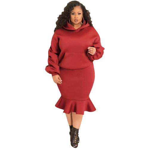 Red Fashion leisure sports fishtail skirt autumn and winter sweater suit plus size women's clothing