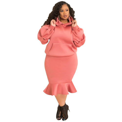 Pink Fashion leisure sports fishtail skirt autumn and winter sweater suit plus size women's clothing