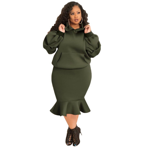 Army green Fashion leisure sports fishtail skirt autumn and winter sweater suit plus size women's clothing