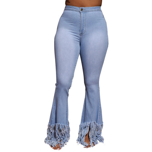 Fringed denim high-waisted trousers and micro trousers