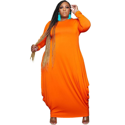 Orange Casual solid color long sleeve round neck dress plus size women's clothing