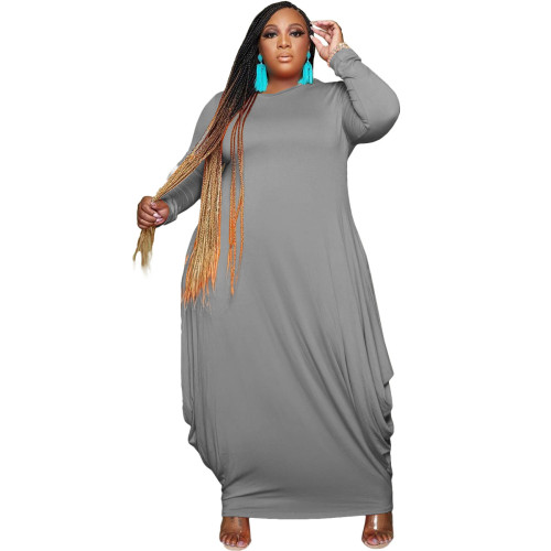 Gray Casual solid color long sleeve round neck dress plus size women's clothing