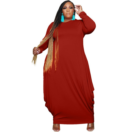 Red Casual solid color long sleeve round neck dress plus size women's clothing