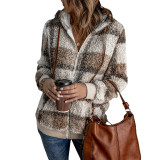 Fleece check zipper cardigan hooded lamb wool coat women