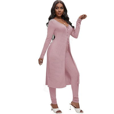 Round Neck Button Longline Top Long Sleeve Two-Piece Set