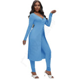 Round Neck Button Longline Top Long Sleeve Two-Piece Set
