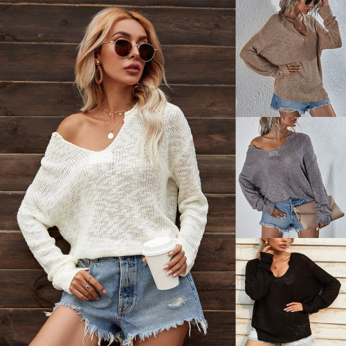 V-neck loose temperament fashion solid color pullover knitted sweater