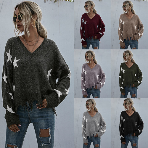 Jacquard tassel sweater women's V-neck design bat sleeve ripped sweater