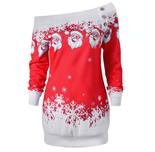 Women's positioning printing one-shoulder long-sleeved T-shirt sweater