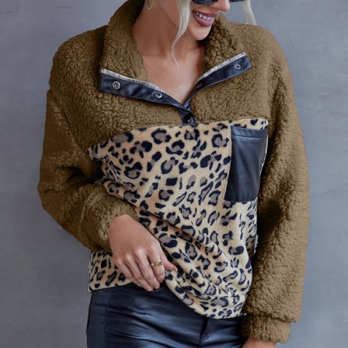 Plush leopard print color block casual sweater lamb wool