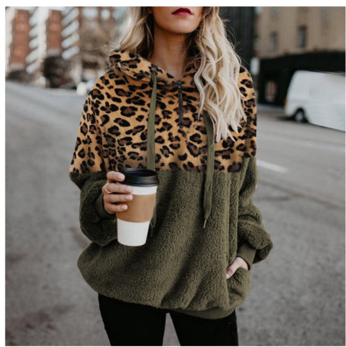 Sexy leopard print zipper pocket plush sweatshirt