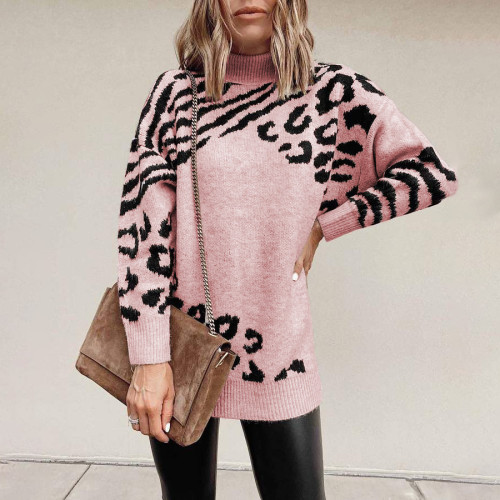 High neck leopard sweater dress