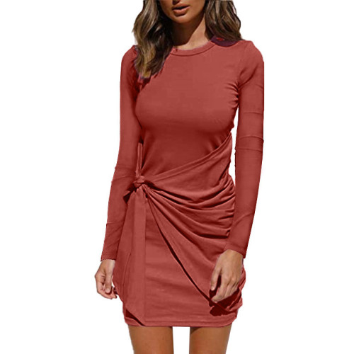 Long-sleeved round neck pleated bow-knot belted irregular dress