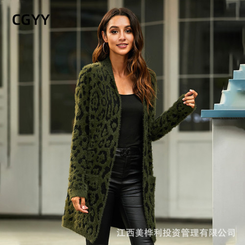 National style leopard print cardigan mid-length sweater coat