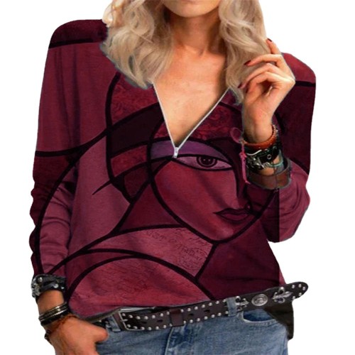 Long sleeve zipper V-neck printed T-shirt women's stock