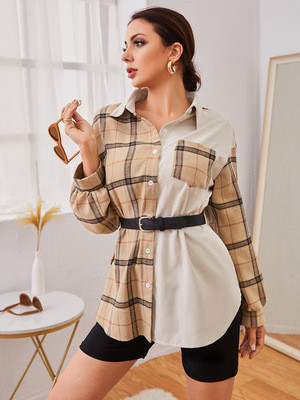 Lapel long-sleeved cardigan hit color plaid street temperament blouse