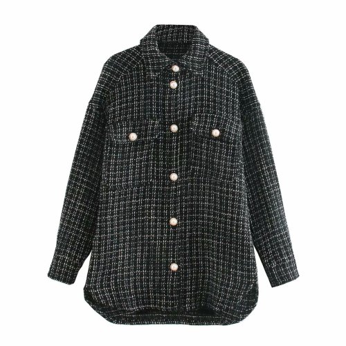 Woolen shirt jacket, lapel single-breasted mid-length top