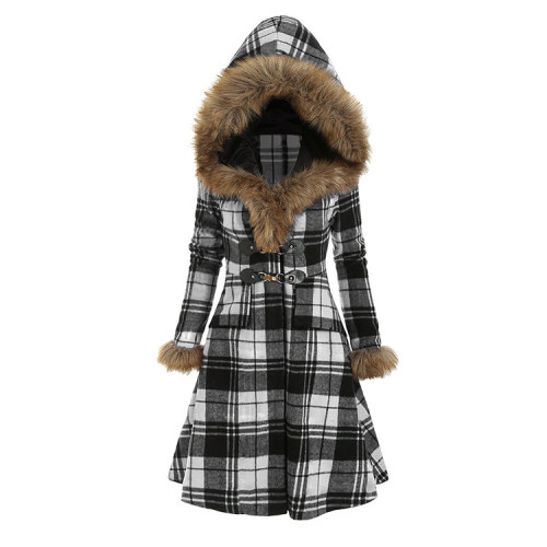 Hooded fur alloy buckle slim-fit plaid long-sleeved woolen mid-length coat
