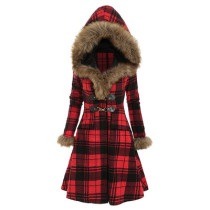 Hooded fur alloy buckle slim-fit plaid long-sleeved woolen mid-length coat
