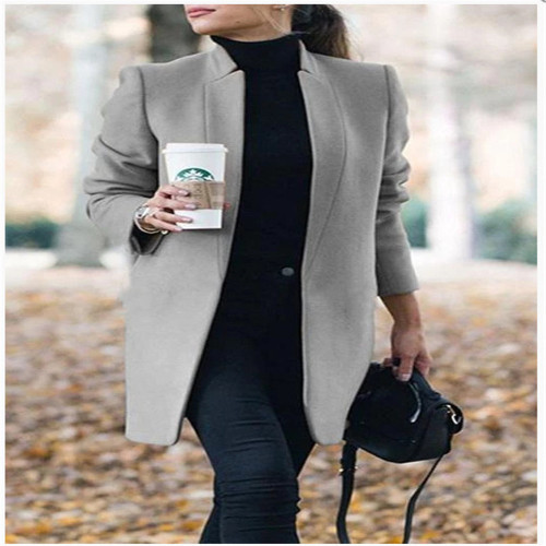 Women's solid color long-sleeved woolen blazer with stand-up collar