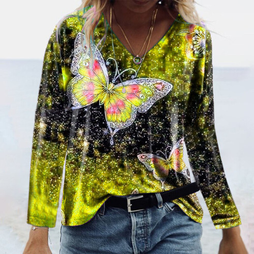 Butterfly V-neck Long Sleeve Printed T-shirt Top Women