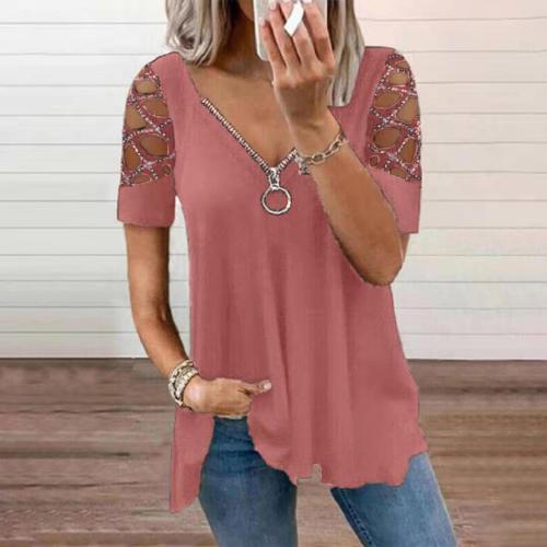 Fashion V-neck solid color hollow sleeves hot drilling casual jacket women