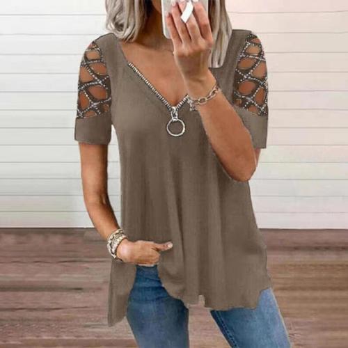 Fashion V-neck solid color hollow sleeves hot drilling casual jacket women