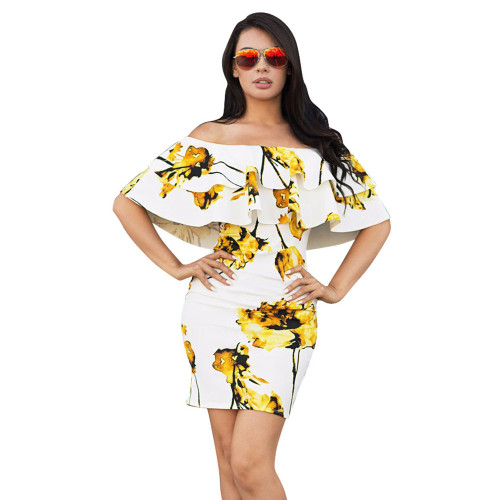 Yellow Printed dress sexy double layer ruffled floral slim dress