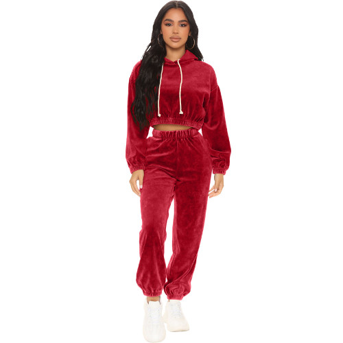 Red Cropped top Korean velvet hooded casual two-piece suit