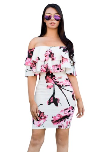 Printed dress sexy double layer ruffled floral slim dress