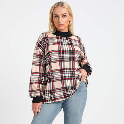 Large size women's round neck plaid print beige loose and comfortable casual top